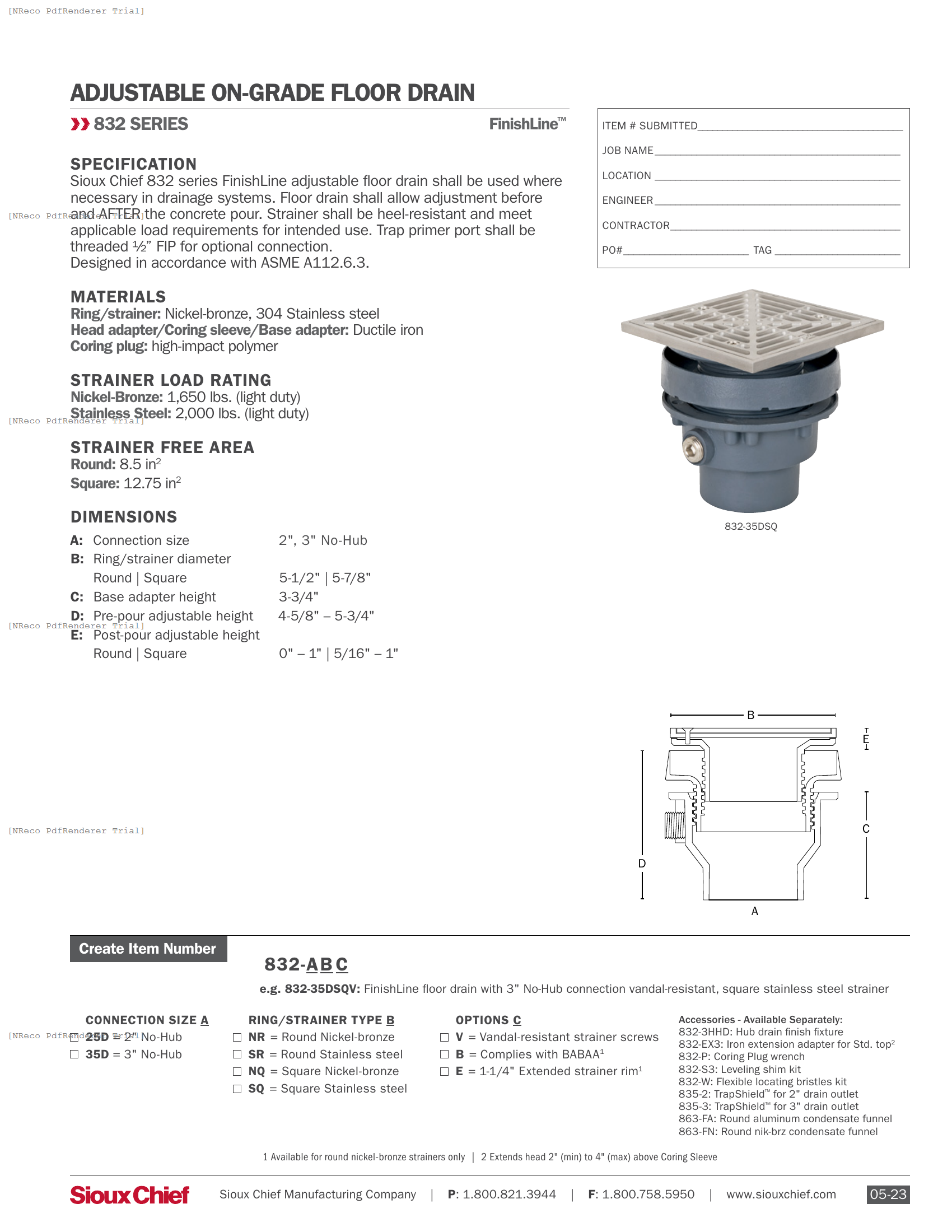 832 SERIES - FINISHLINE ADJUSTABLE FLOOR DRAIN IRON (SM) - SPEC SHEET.PDF Specification Document